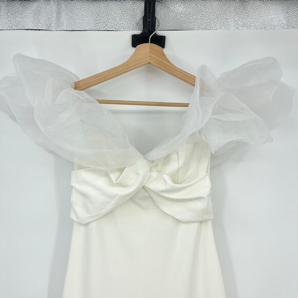 Line & Dot | Starlet Midi Sheath Dress Organza Off Shoulder Sleeves in Ivory S - Picture 7 of 16